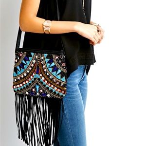 DEAD STOCK Bohemian Suede Fringe Beaded Crossbody Bag